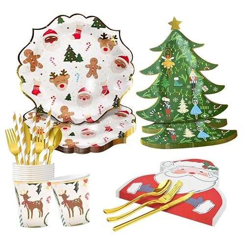 Christmas Disposable Dinnerware Set - Serves 16 - Holiday Party Supplies with Paper Plates, Cups, Napkins, Straws, Gold Cutlery for Christmas, Winter