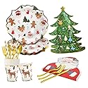Christmas Disposable Dinnerware Set - Serves 16 - Holiday Party Supplies with Paper Plates, Cups, Napkins, Straws, Gold Cutlery for Christmas, Winter