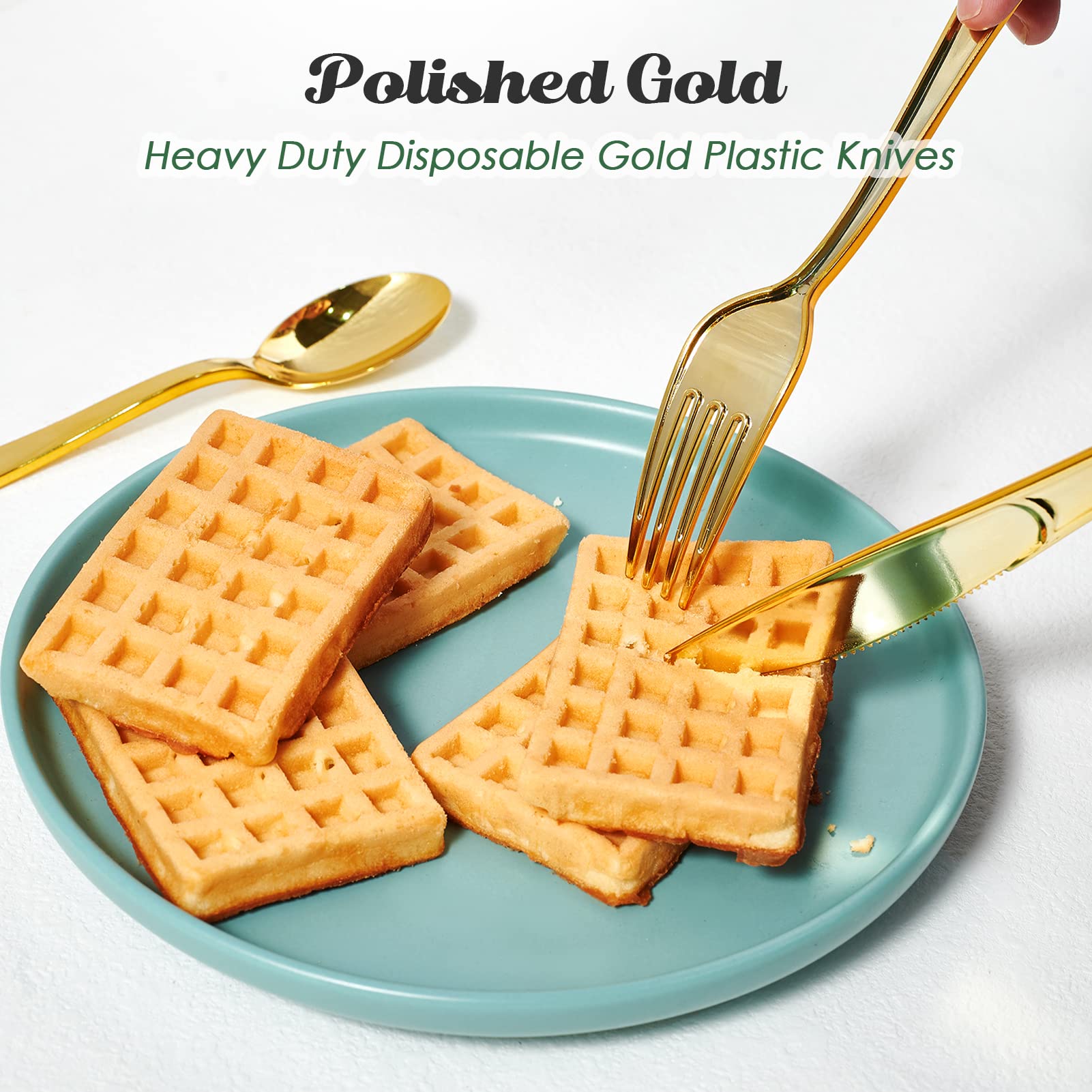 FOCUSLINE 300 Pack 6.8" Disposable Gold Plastic Spoons, Solid and Durable Plastic Cutlery Spoons, Heavy Duty Disposable Utensil Silverware
