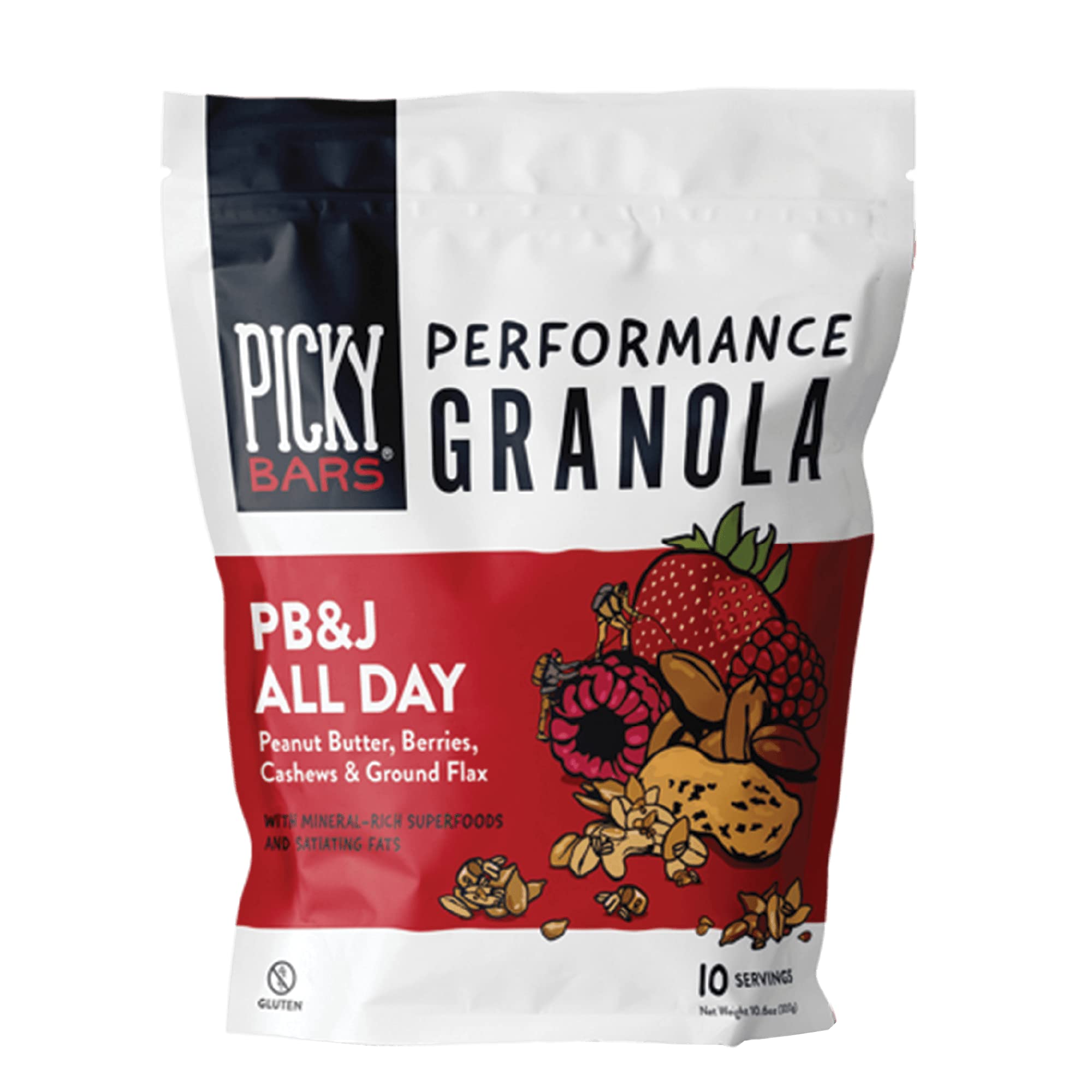 Picky Bars Performance Protein Granola, Gluten Free, Non-GMO, Non-Dairy, PB&J All Day, 10.6 Oz Bag (10 Servings)