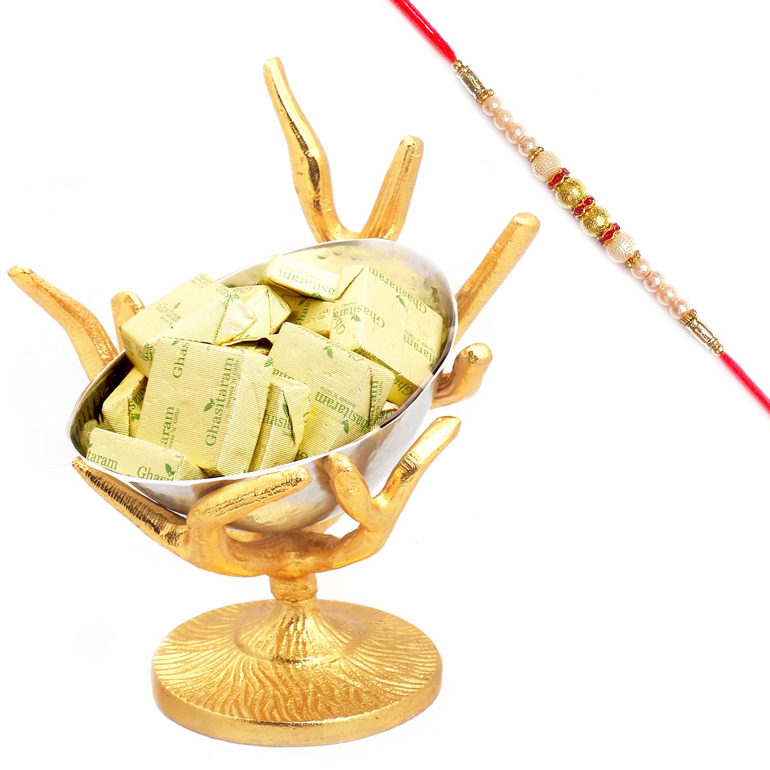 Ghasitaram Gifts Rakhi Gifts for Brothers Rakhi Chocolate Silver Designer Tree Chocolate Bowl with Pearl Rakhi
