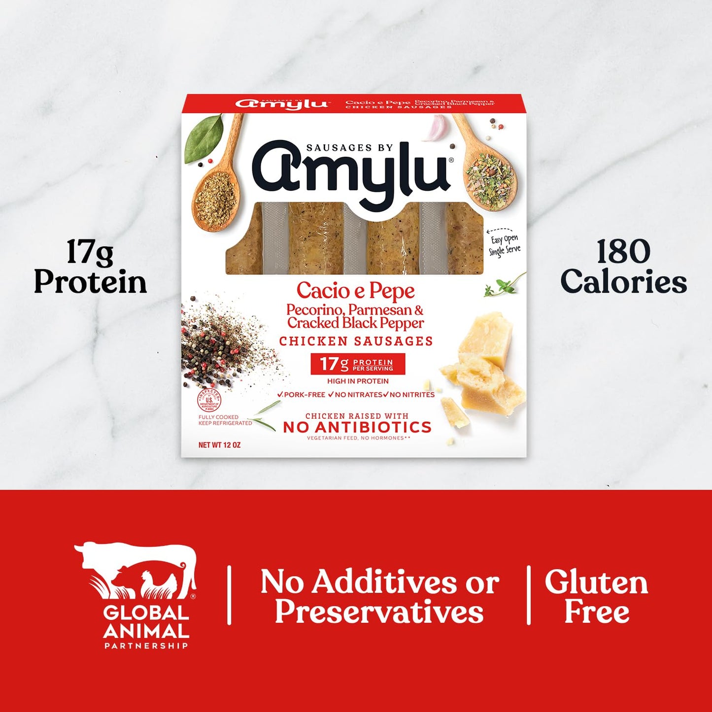 Amylu Foods Cacio e Pepe Chicken Sausage, Natural Ingredients, 17g of Protein, GAP Certified Chicken Raised with No Antibiotics, Fully Cooked