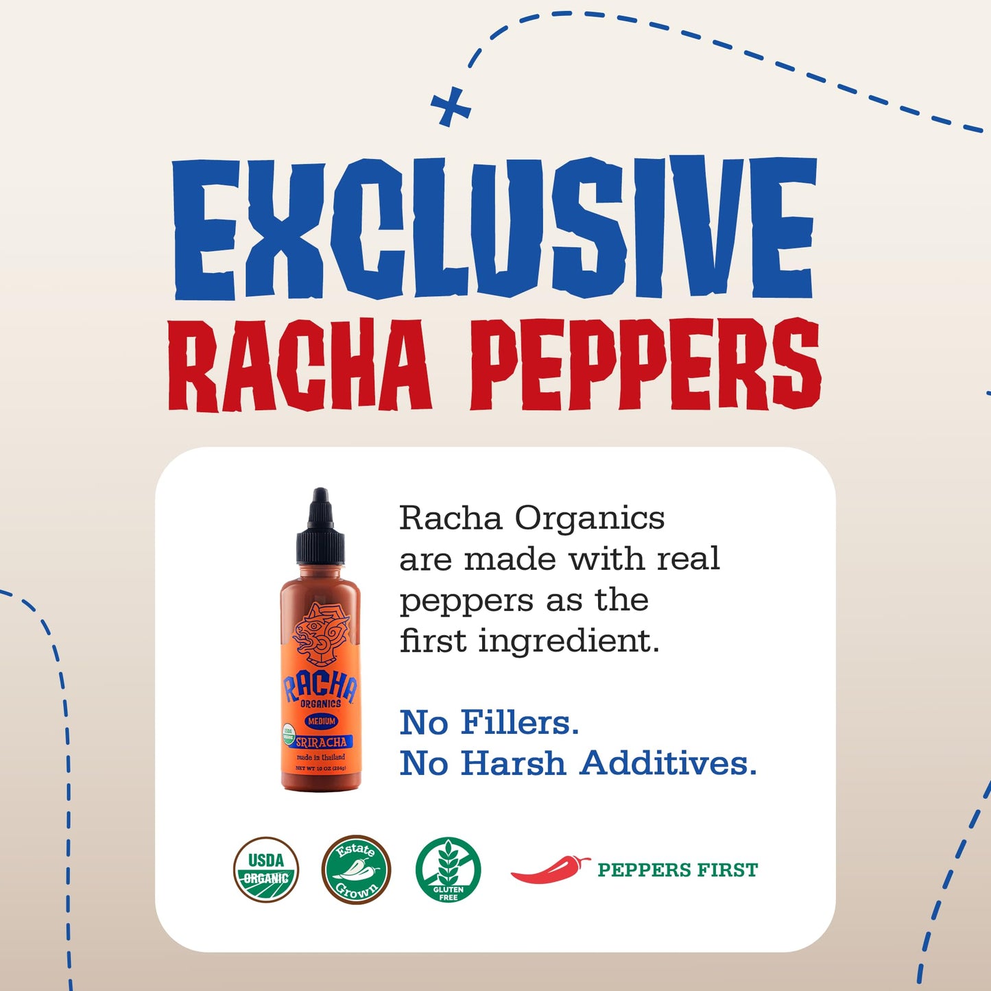 Racha Organics Medium Heat Sriracha Hot Sauce - USDA Organic Sriracha Sauce Made with Estate-Grown Thai Chili Peppers - Low-Sugar, Non-GMO, Gluten