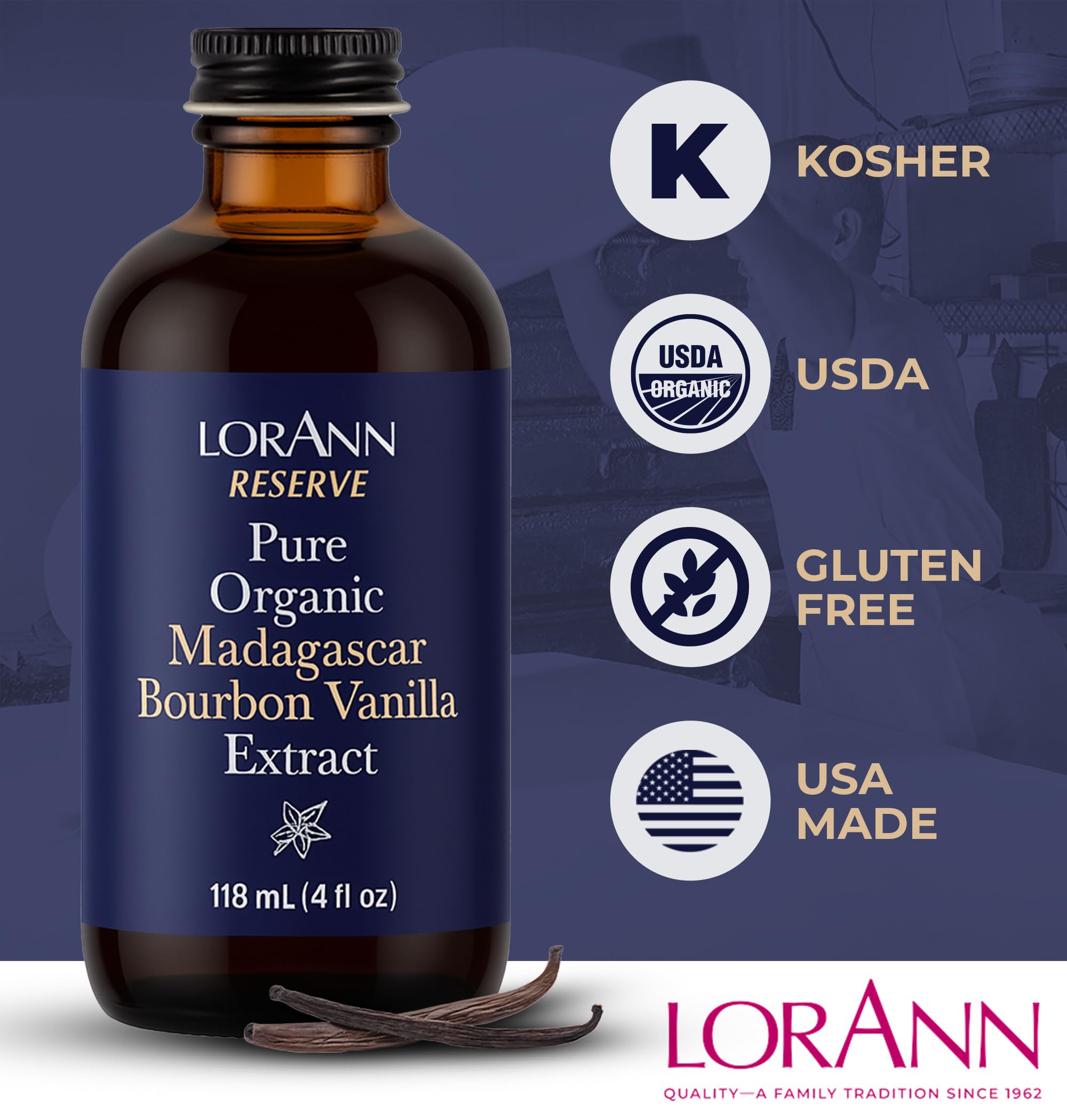 LorAnn Oils Reserve Pure Organic Madagascar Bourbon Vanilla Extract - Real, Organic Vanilla Extract for Baking, Pure Flavor & Bourbon, 4 Ounce