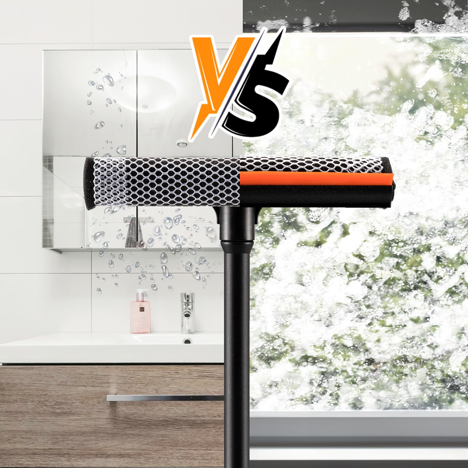 2 in1 Window Squeegee for Car, Window Cleaner with 16inch Long Handle,Sponge Car Window Squeegee for Gas Station, Glass,Shower,Outdoor High Window