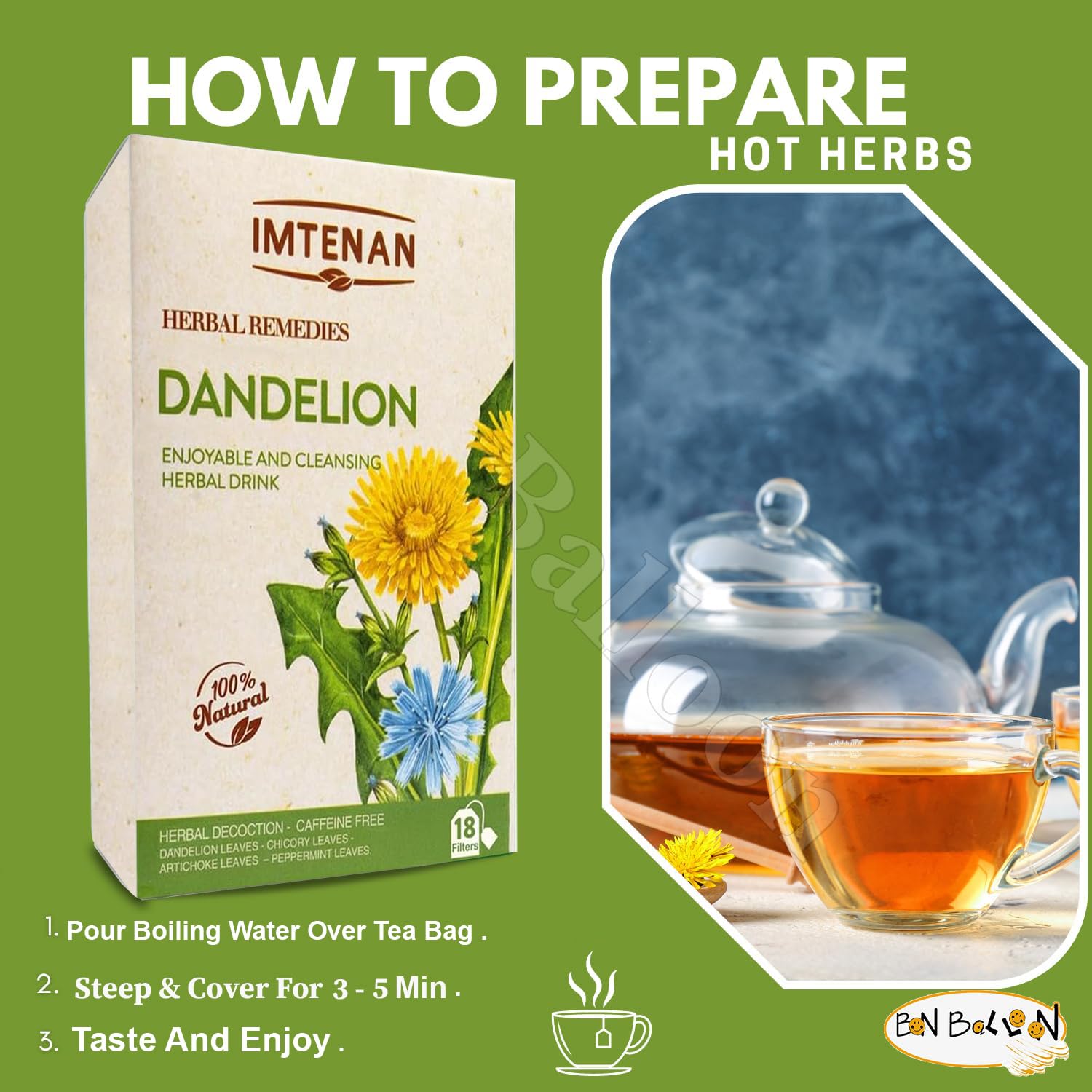 Imtenan Dandelion Drink Herbal Bag Premium Herbals Pure Egyptian Herb Fresh Herbs Rich Egypt No Additives Non Gmo Kosher Halal (1 Pack = 18 Teabags)