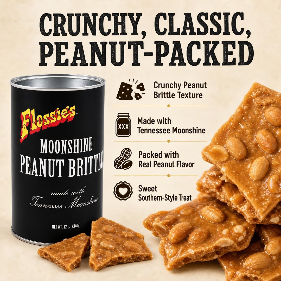 Flossie's Tennessee Moonshine Classic Peanut Brittle, Handmade Crunchy Candied Peanuts w/Touch of Southern Nostalgia, Authentic Recipe, 12 oz Can