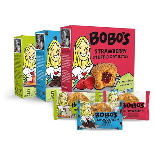 Bobo's Oat Bites Stuff'd Variety Pack (Strawberry, Original Chocolate Chip, and Apple Pie), Pack of 30 (1.3 oz Bites), Gluten Free Whole Grain Rolled