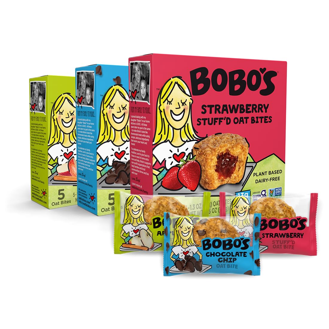 Bobo's Oat Bites Stuff'd Variety Pack (Strawberry, Original Chocolate Chip, and Apple Pie), Pack of 30 (1.3 oz Bites), Gluten Free Whole Grain Rolled