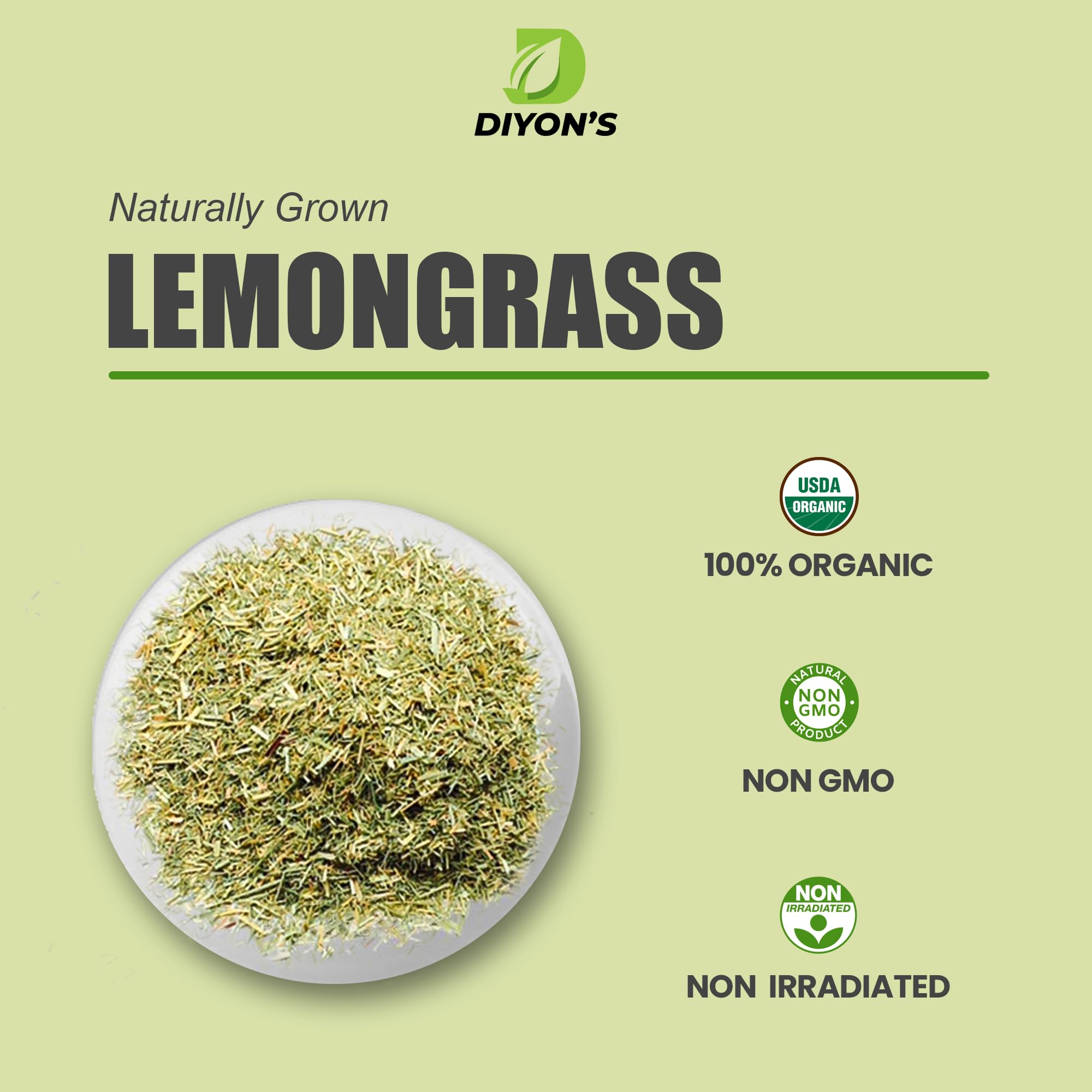 Diyon's dried lemon grass cut 1 oz (28g) with stand up resealable pouch.