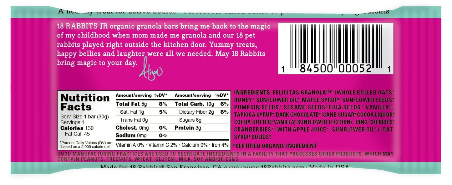 18 Rabbits Jr. Organic Gluten Free Granola Bars, Chocolate Cherry, 1oz (Pack of 16)
