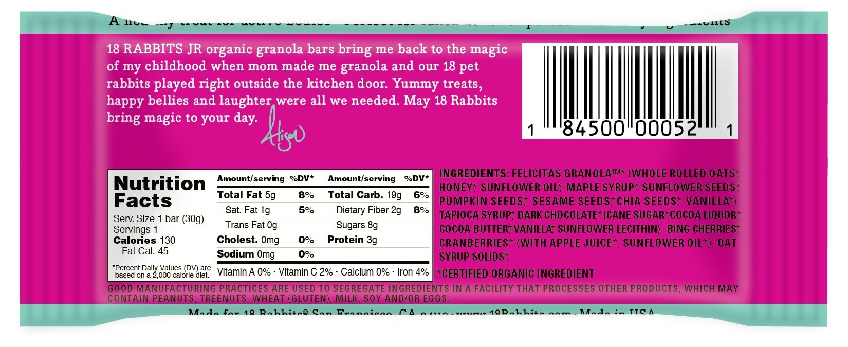 18 Rabbits Jr. Organic Gluten Free Granola Bars, Chocolate Cherry, 1oz (Pack of 16)