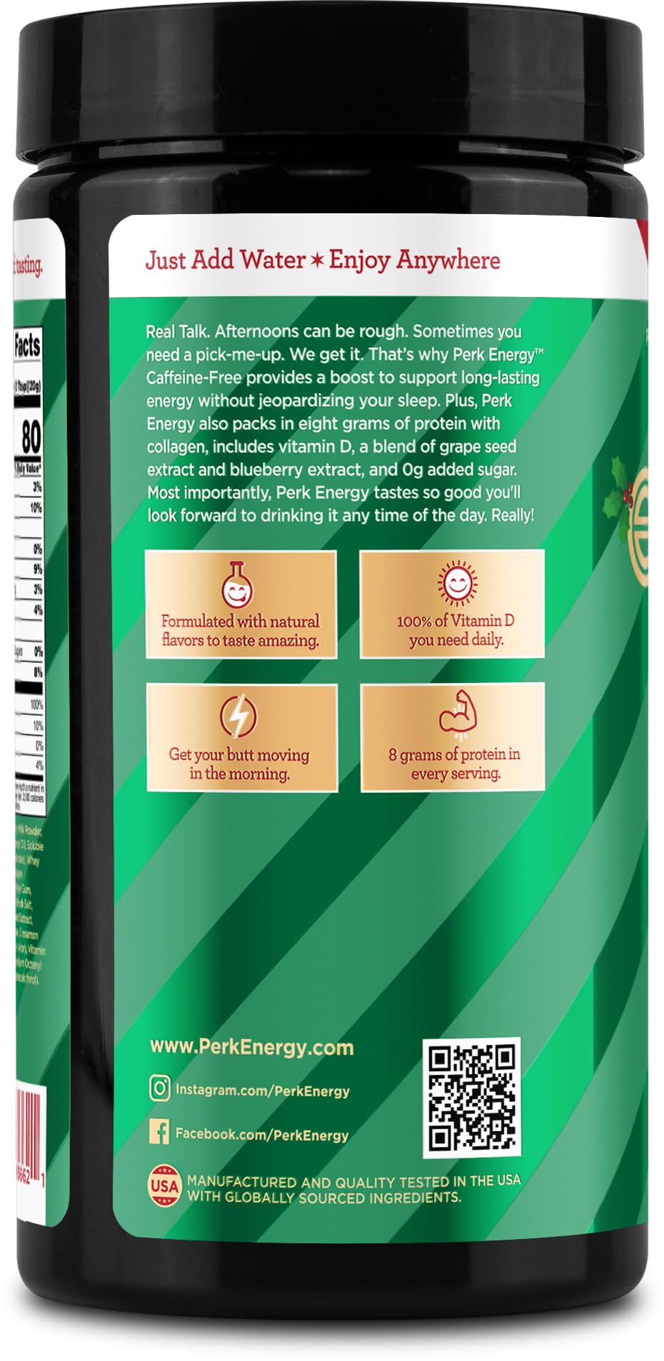 Perk Energy Caffeine-Free Drink Mix (Eggnog) 20 Servings - Healthy Coffee Alternative with Protein, Gluten-Free, Soy-Free, Peanut-Free