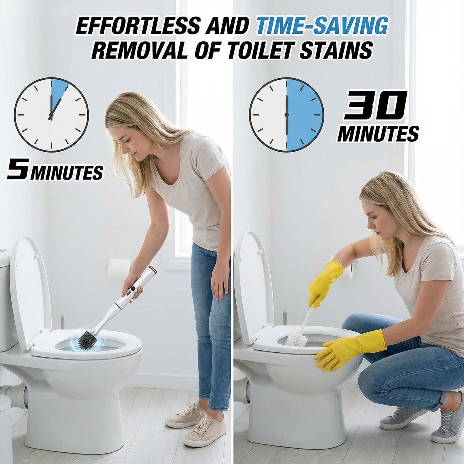 Electric Toilet Brush Scrubber and Holder Set,Electric Toilet Bowl Cleaning Kit with 8 Disposable Refill Heads,Hard Nylon Brush and Soft Silicone