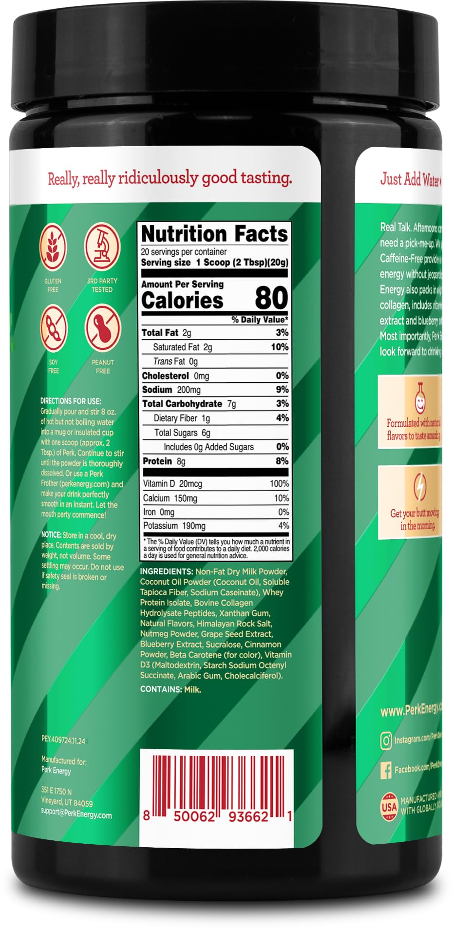 Perk Energy Caffeine-Free Drink Mix (Eggnog) 20 Servings - Healthy Coffee Alternative with Protein, Gluten-Free, Soy-Free, Peanut-Free