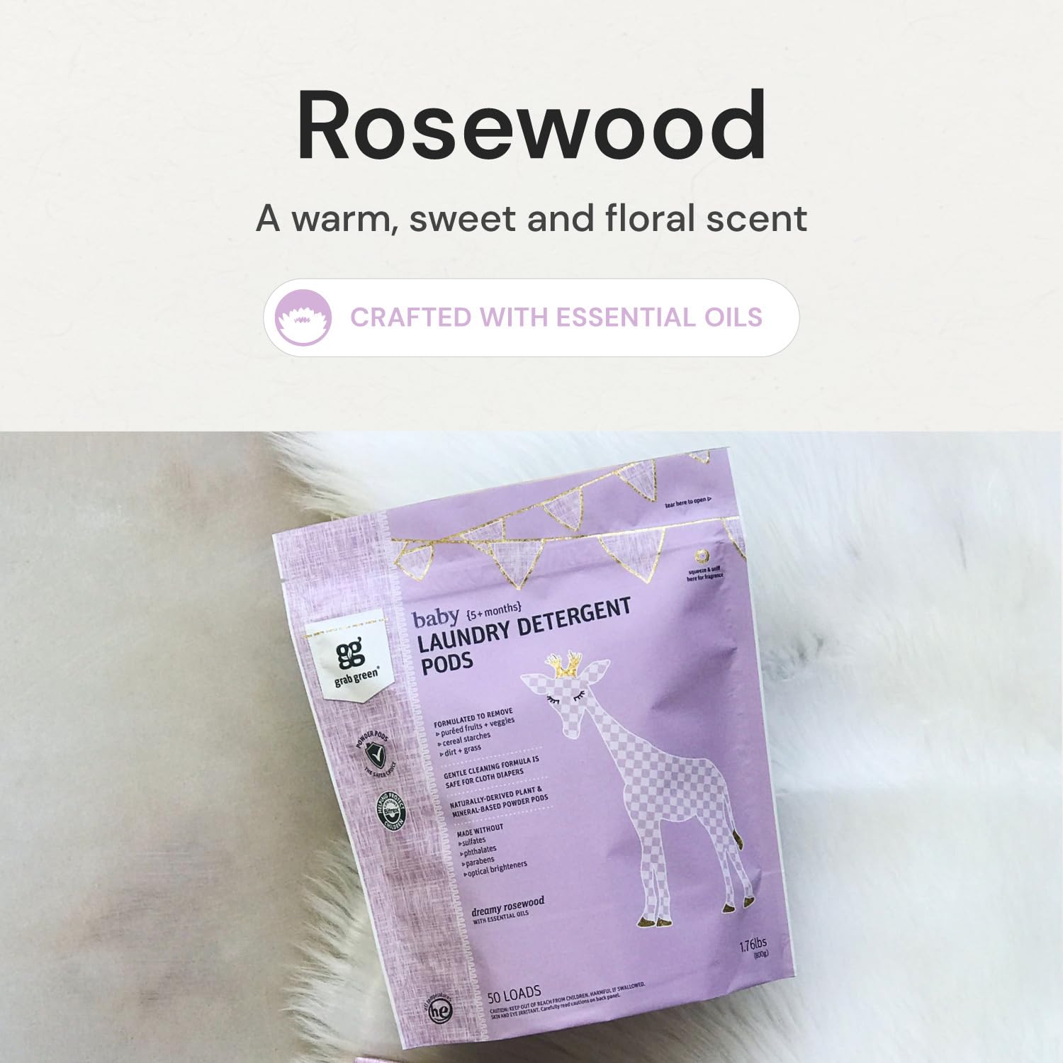 Grab Green Baby Laundry Detergent Pods, 50 Count, Dreamy Rosewood, Plant and Mineral Based, Formulated to Tackle Growing Baby (5 Months and Older)