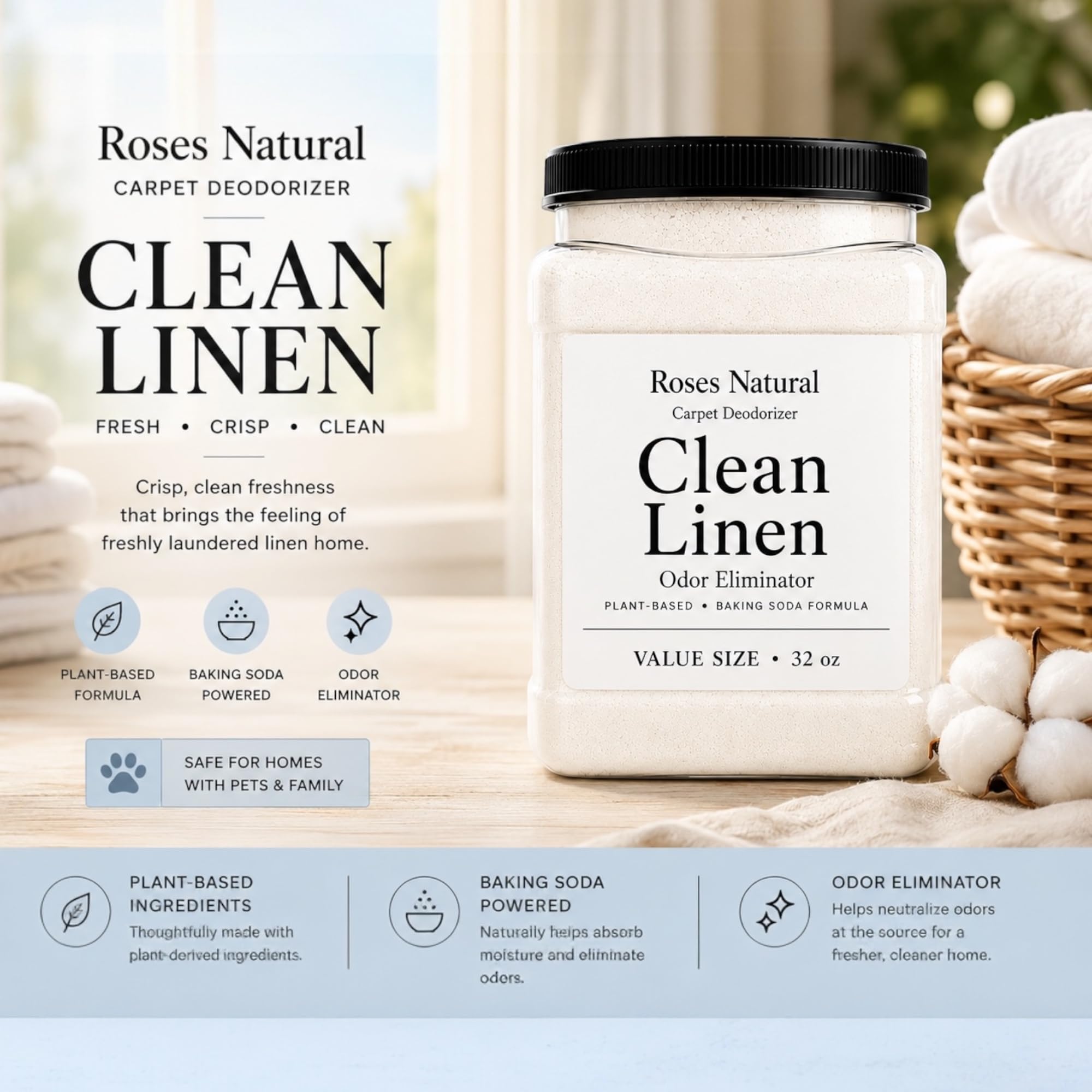 Roses Natural Clean Linen Carpet Deodorizer Powder - 32 oz Value Size | Plant-Based Baking Soda Formula | Odor Eliminator for Carpets, Rugs