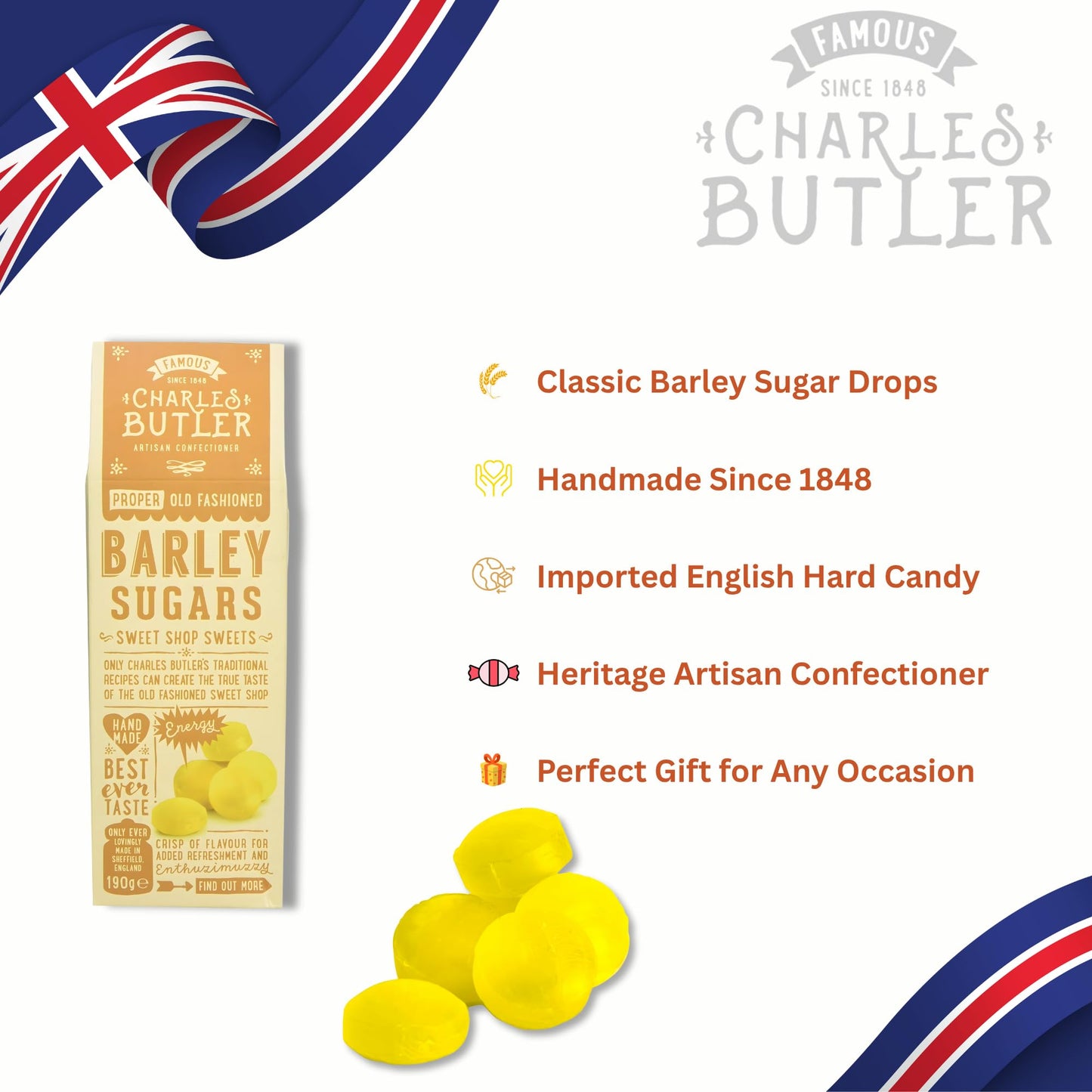 Charles Butler Barley Sugars 6.7oz (Pack of 3) | Handmade Old Fashioned Barley Sugar Candy Drops | Traditional British Hard Candy Gift Box | English