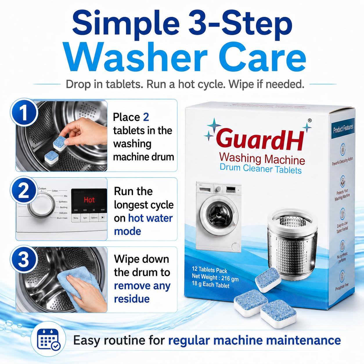 GuardH Washing Machine Drum Cleaner Tablets 12 Count 216g Deep Cleaning and Descaling Tablets for HE and Standard Washers Removes Residue Odor