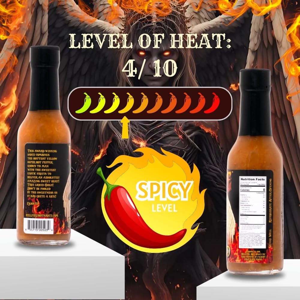 Hellfire Devil's Gold Hot Sauce, Multi Award-Winning, Gourmet Fruit-Based Hot Sauce, Features Yellow Super Hot Peppers and Exotic Fruits, Amazing