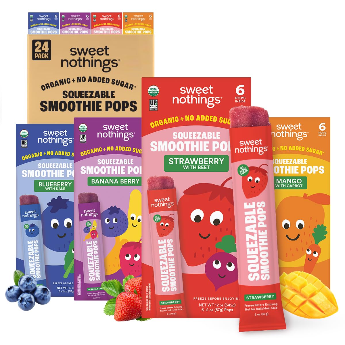 Sweet Nothings, Multi-Pack, USDA Organic Kids' Squeezable Super Fruit Smoothie, Value Pack of 24 - Dye-Free, No Added Sugar,Vegan, Healthy Organic