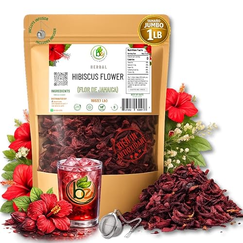 Jamaica Flor - 100% Natural Loose Leaf Hibiscus Tea - 16 oz (1 lb) - Dried Hibiscus Flower Petals - Caffeine-Free - Rich in Antioxidants - Vegan