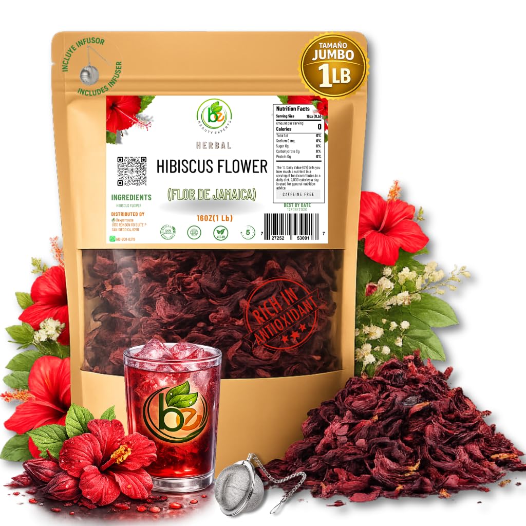 Jamaica Flor - 100% Natural Loose Leaf Hibiscus Tea - 16 oz (1 lb) - Dried Hibiscus Flower Petals - Caffeine-Free - Rich in Antioxidants - Vegan