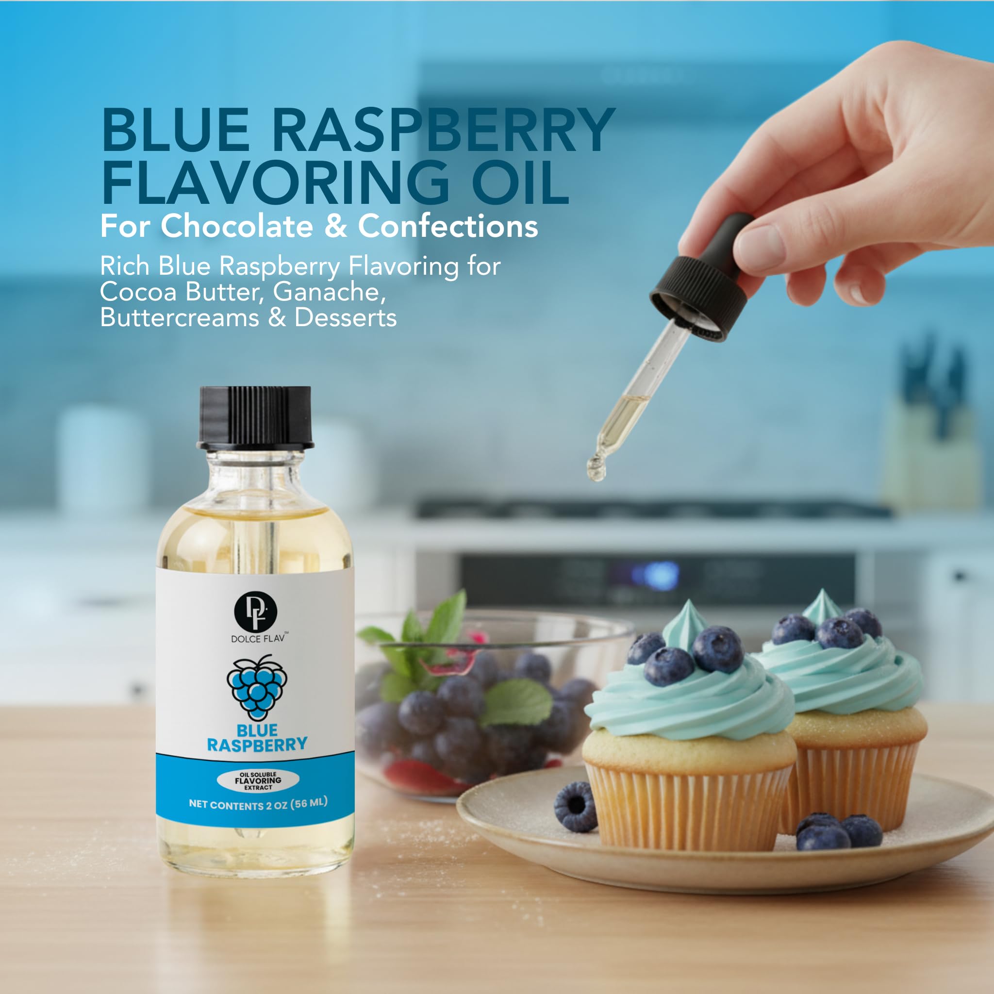 Dolce Flav Blue Raspberry Extract - 2 Ounce Oil-Soluble Kosher, Sugar-Free, Concentrated Blue Raspberry Flavoring for Baking, Chocolates & Desserts