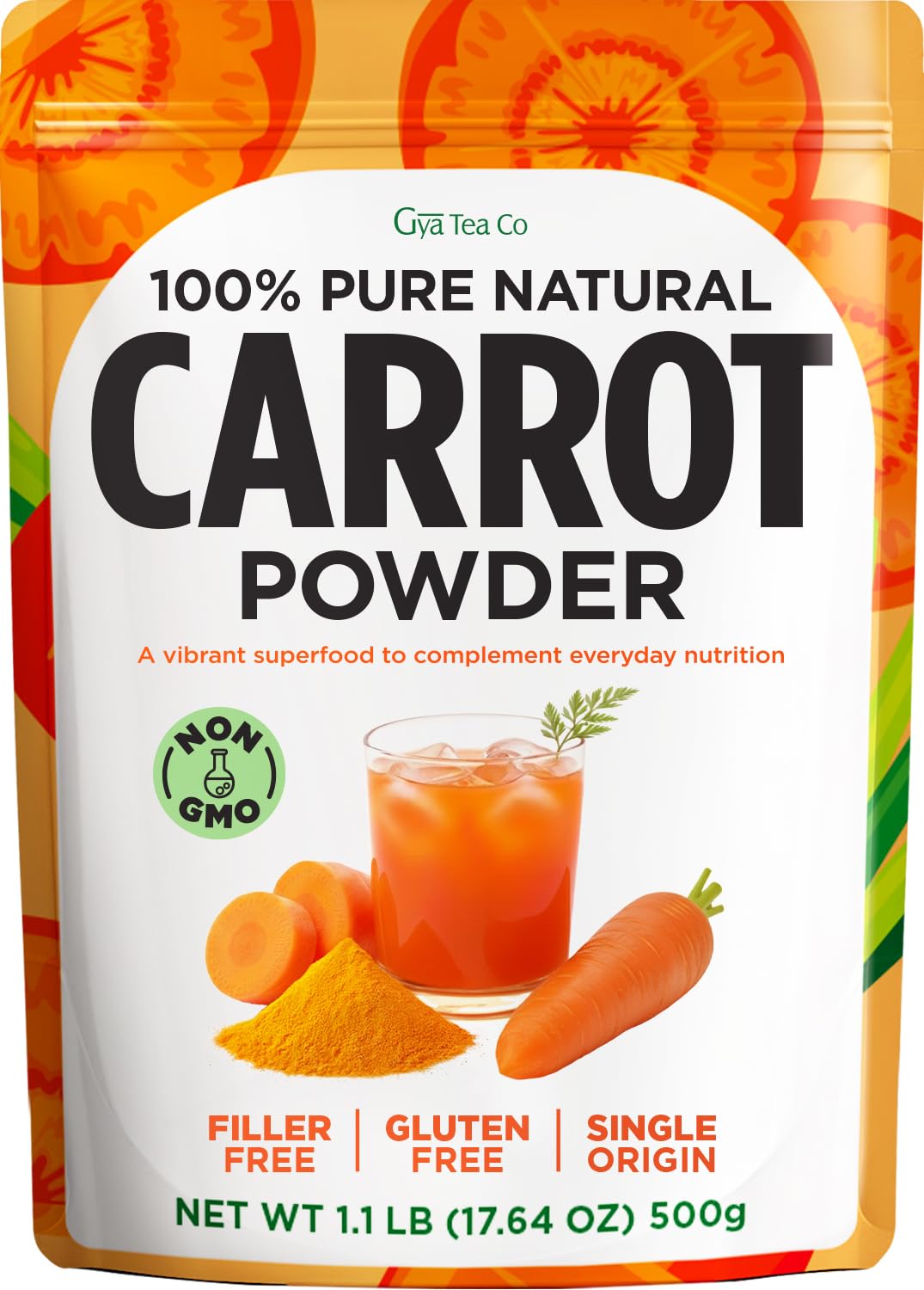 Gya Tea Co Carrot Powder 1.1 lb (17.64 oz) - Made from Carrot Juice for Flavor, Juices, Smoothies & Baking - Natural Superfood Powder for Vision