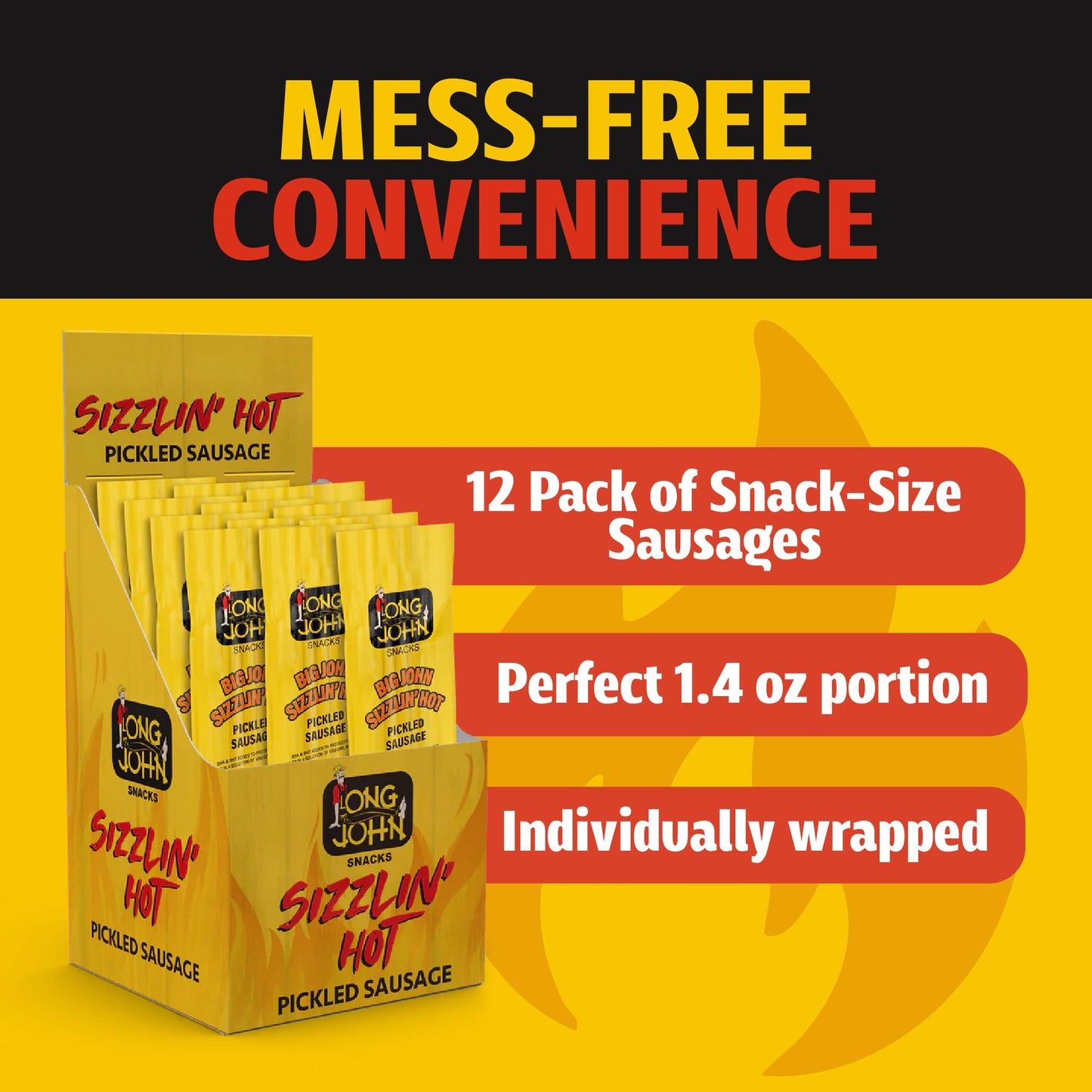 Long John Snacks Sizzlin' Hot Pickled Sausage - Smoked Gourmet Meat Stick - Hot Pickled Sausages High Protein Snack - Premium USA Pork and Beef Sticks