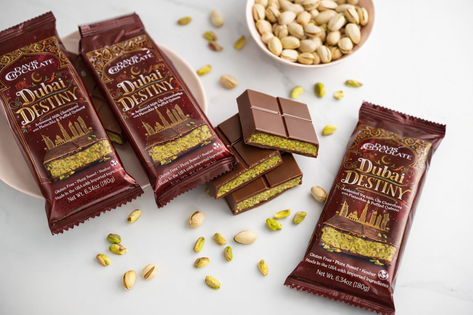Davis Chocolate Dubai Destiny Artisanal Milk Chocolate with Pistachio & Puffed Quinoa, Gluten Free, Kosher, 6.35oz (Milk Chocolate)