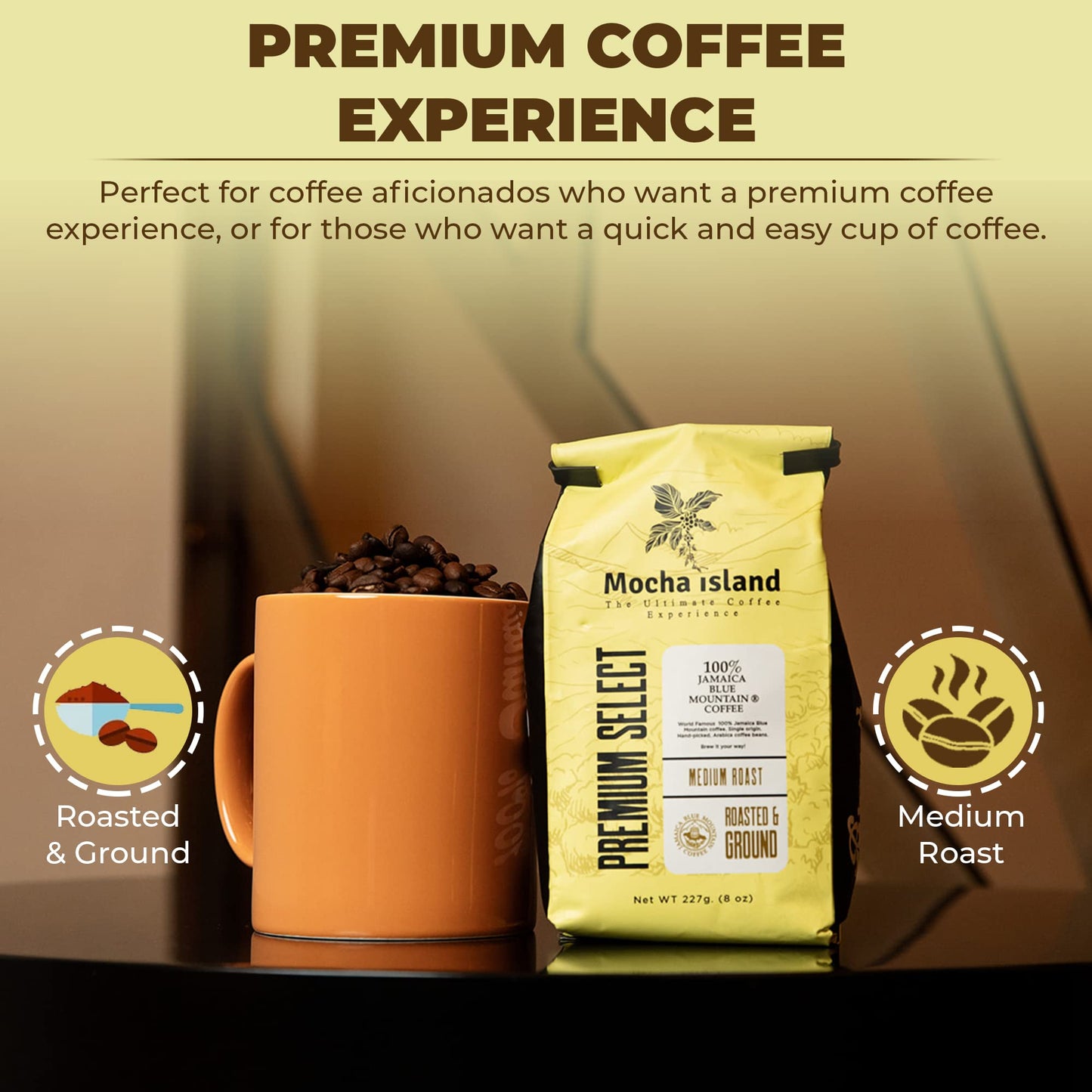 Mocha Island Blue Mountain Coffee, Medium Roast, Ground, Jamaican Coffee, 8oz