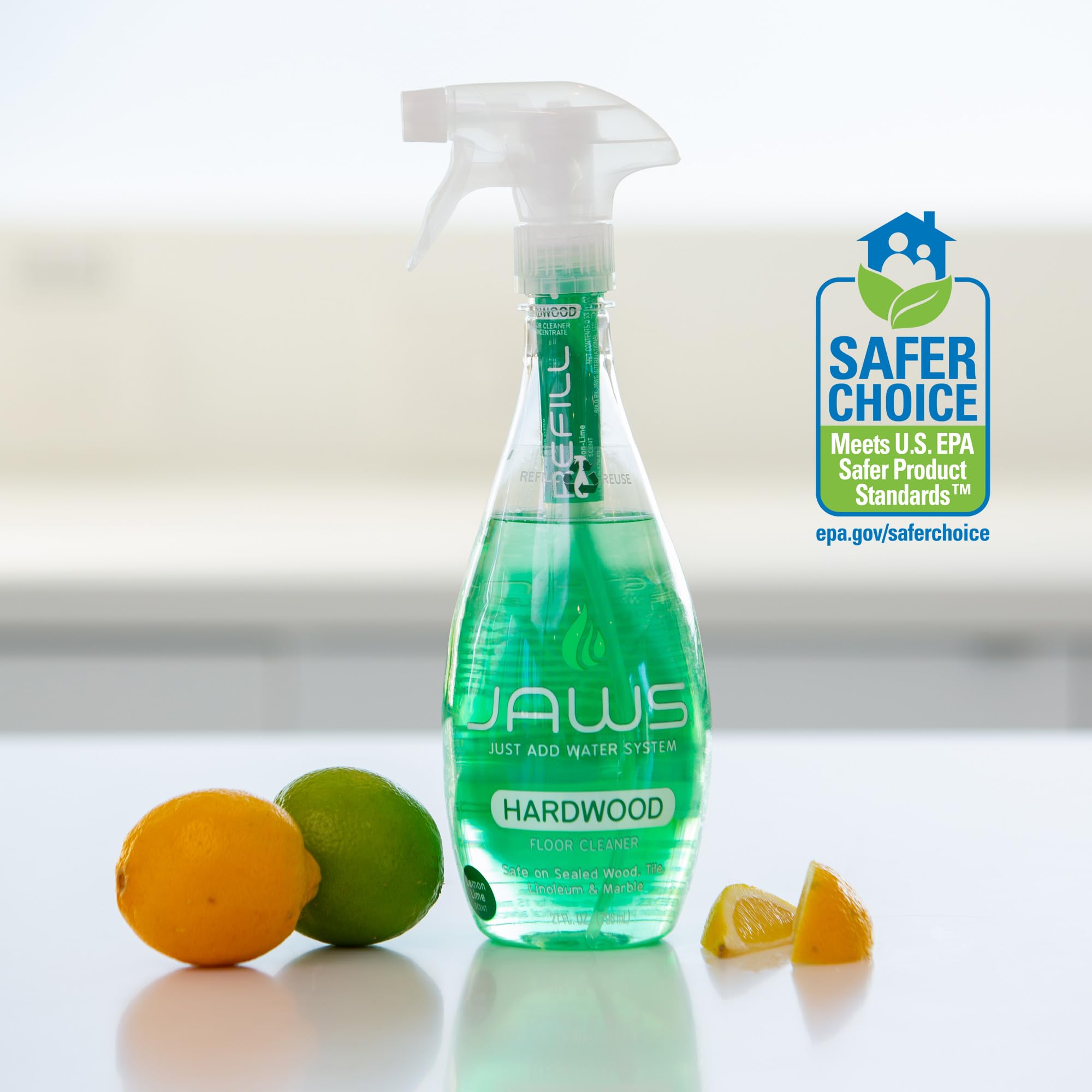 JAWS Hardwood Floor Cleaner Bottle with 2 Refill Pods. Refillable Cleaning Supplies.