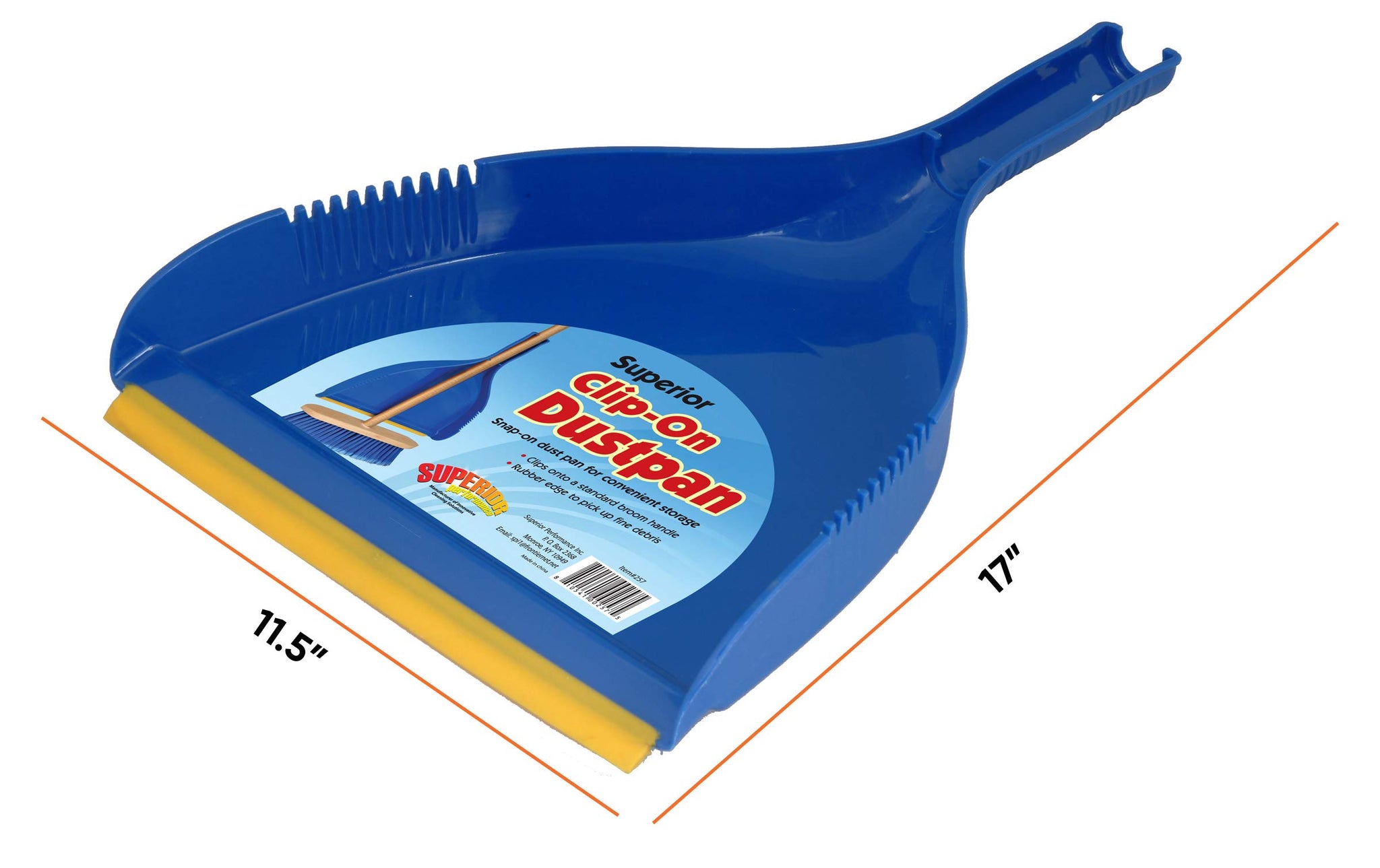 Superio Clip-On Dustpan - Heavy Duty Blue Plastic, Easy Grip Clip On Dust Pan with Rubber Edge, Detailed Sweeping Debris, Fits Standard Brooms Home