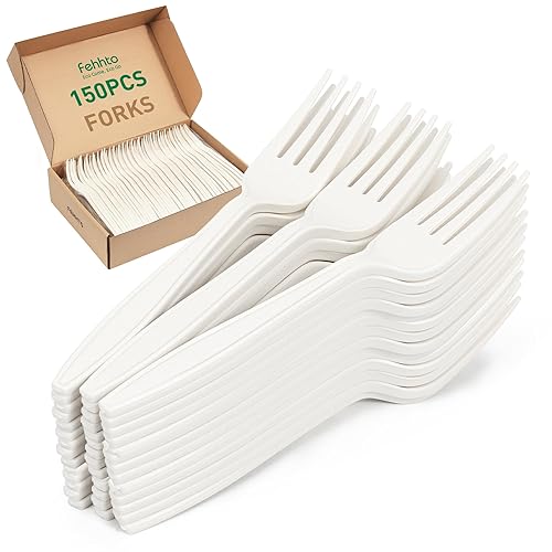 FEHHTO 100% Compostable Fork, 7" Disposable Cornstarch Forks Heavy Duty Cutlery BPI Certified Eco-Friendly Utensils Biodegradable Party Dinner