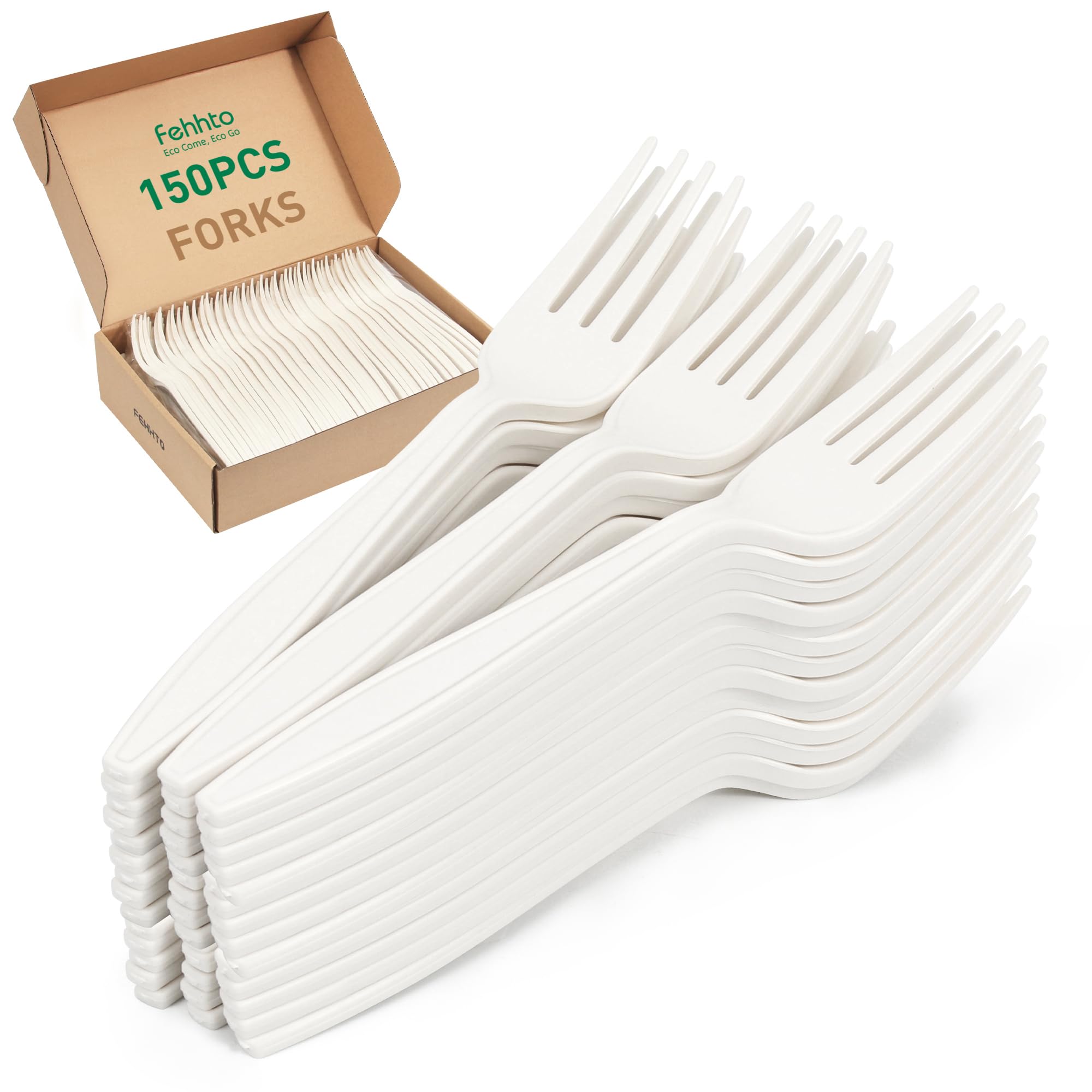 FEHHTO 100% Compostable Fork, 7" Disposable Cornstarch Forks Heavy Duty Cutlery BPI Certified Eco-Friendly Utensils Biodegradable Party Dinner