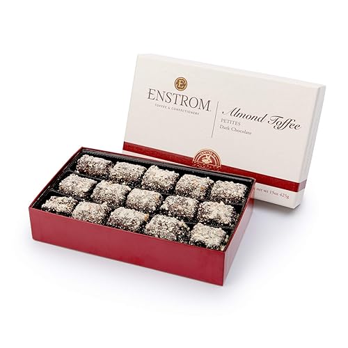 Enstrom Dark Chocolate Almond Toffee Petites 15oz box | Bite-size | Gluten Free | Kosher Dairy | All Natural