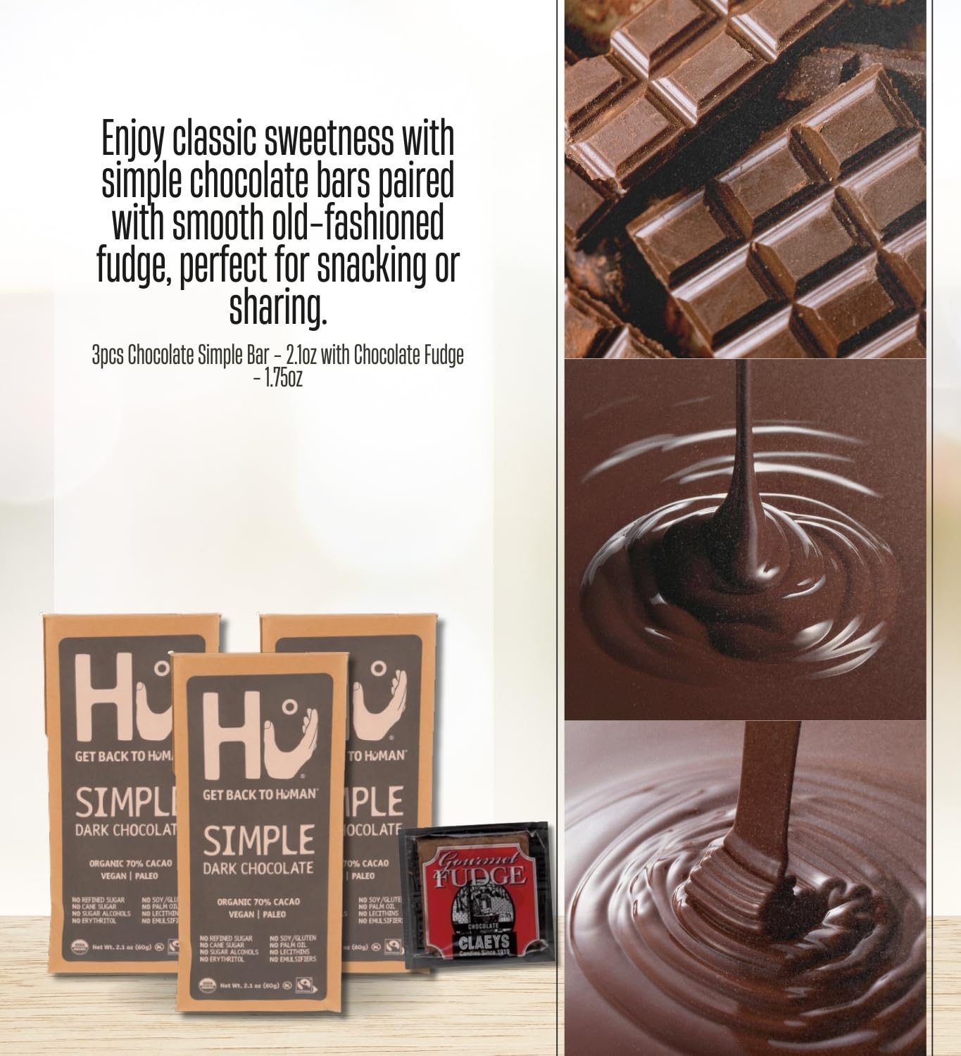 3x Hu Choc Simple Bar 2.1 OZ Bundle with Chocolate Fudge Candy - Dark Chocolate Bar with Minimal Ingredients Paired with Rich Fudge Treat for Snacking