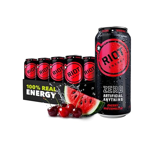 RIOT Clean Energy Drink - Cherry Watermelon | No Sucralose, No Sugar Added, No Artificial Flavors | 160mg Natural Caffeine + 100mg L-Theanine | Clean