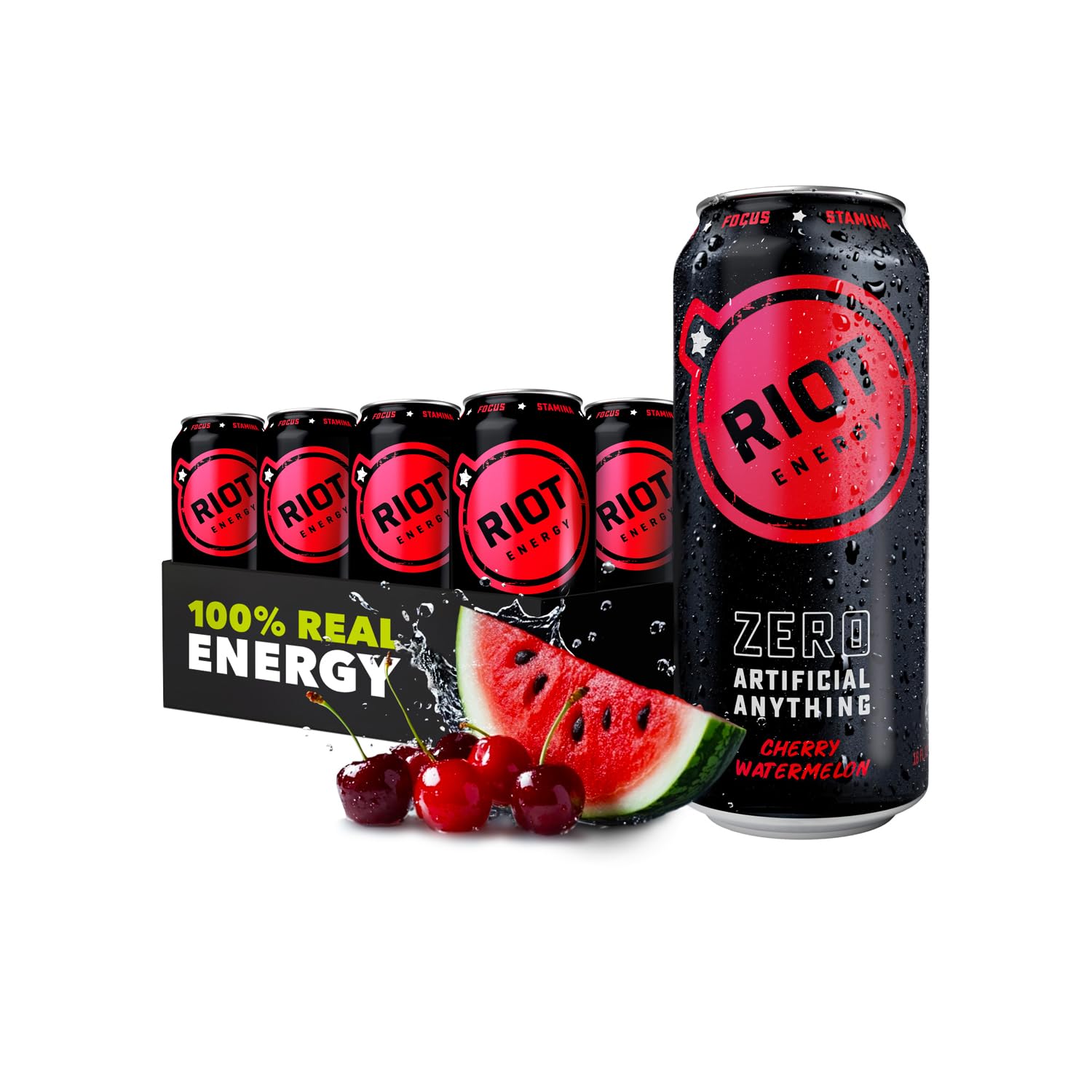 RIOT Clean Energy Drink - Cherry Watermelon | No Sucralose, No Sugar Added, No Artificial Flavors | 160mg Natural Caffeine + 100mg L-Theanine | Clean