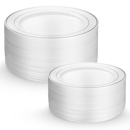 Munfix 60 Silver Plastic Plates Set, 30 Pcs 10.25 Inch Dinner and 30 Pcs 7.5 Inch Plastic Dessert Plates, Elegant Fancy Heavy Duty Disposable Plates