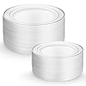 Munfix 60 Silver Plastic Plates Set, 30 Pcs 10.25 Inch Dinner and 30 Pcs 7.5 Inch Plastic Dessert Plates, Elegant Fancy Heavy Duty Disposable Plates