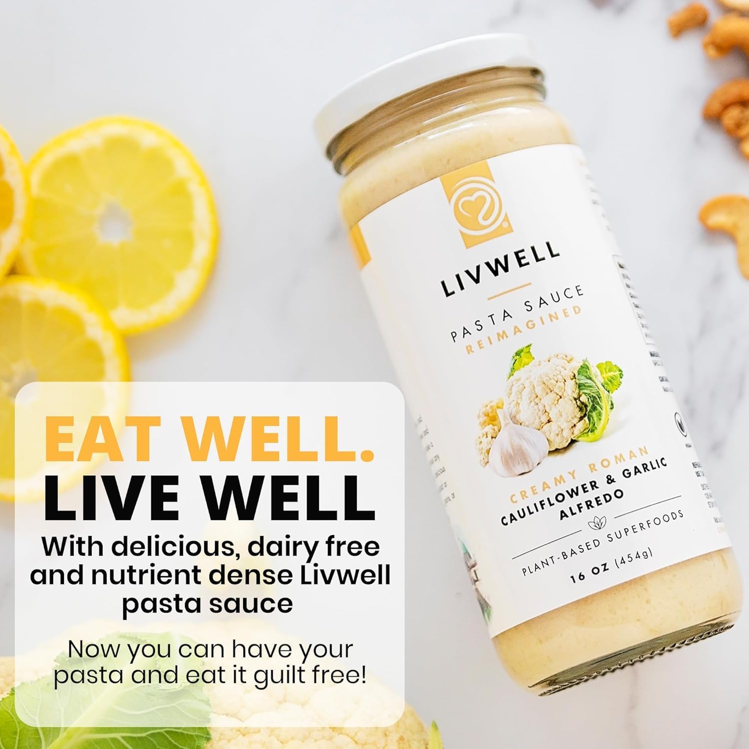 LIVWELL Dairy-Free Cauliflower Pasta Sauce - Plant Based Vegan Alfredo Pasta Sauce with Cauliflower, Roasted Garlic & Cashews, Nutrient Rich, Non GMO