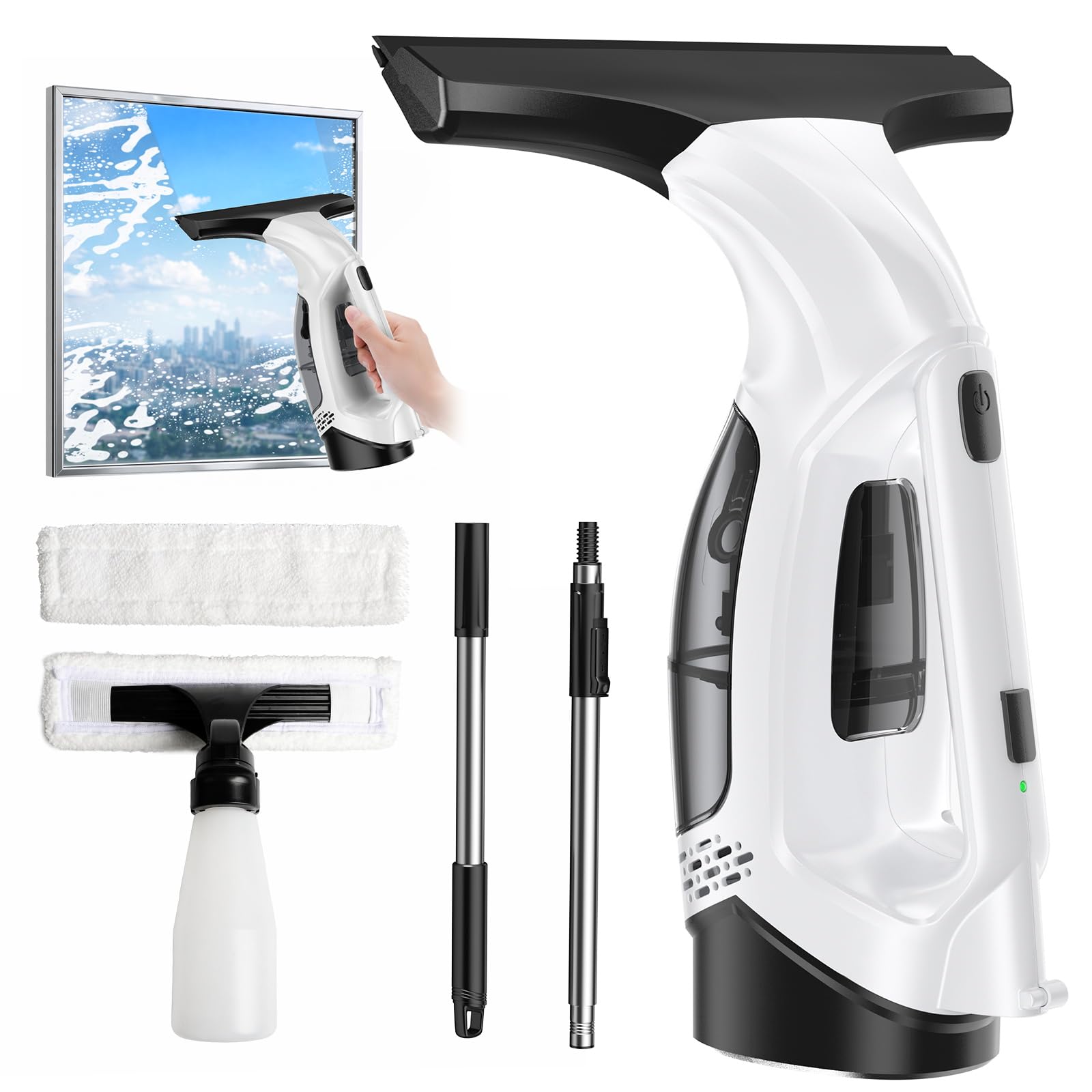 BirdSuite Cordless Window Vacuum Squeegee with Extension Pole, Electric Window Cleaner with Water Collection Tank, Portable Cleaning Kit for Glass