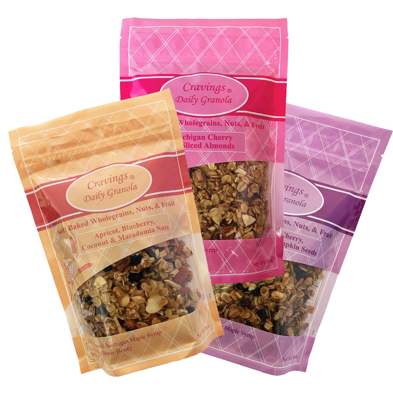 Cravings Daily Granola Variety- 3 Pack- Apricot, Blueberry, Coconut & Macadamia Nut, Blueberry, Cherry, Cranberry & Pumpkin Seed and Michigan Cherry