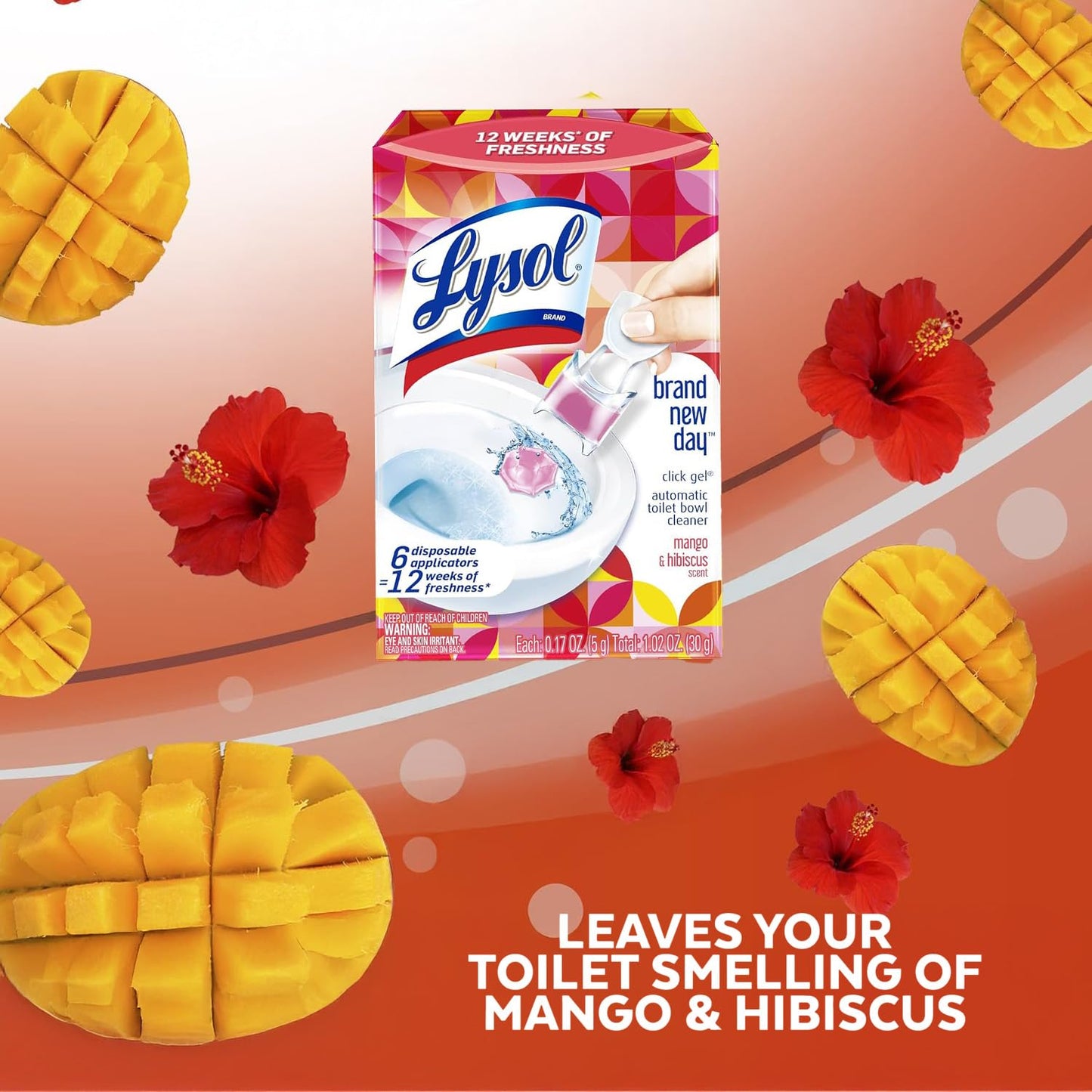 Lysol Click Gel Automatic Toilet Bowl Cleaner, Toilet Gel Stamp, Toilet Freshener, Bathroom Essentials, Refreshing Mango & Hibiscus Scent, 6 Count