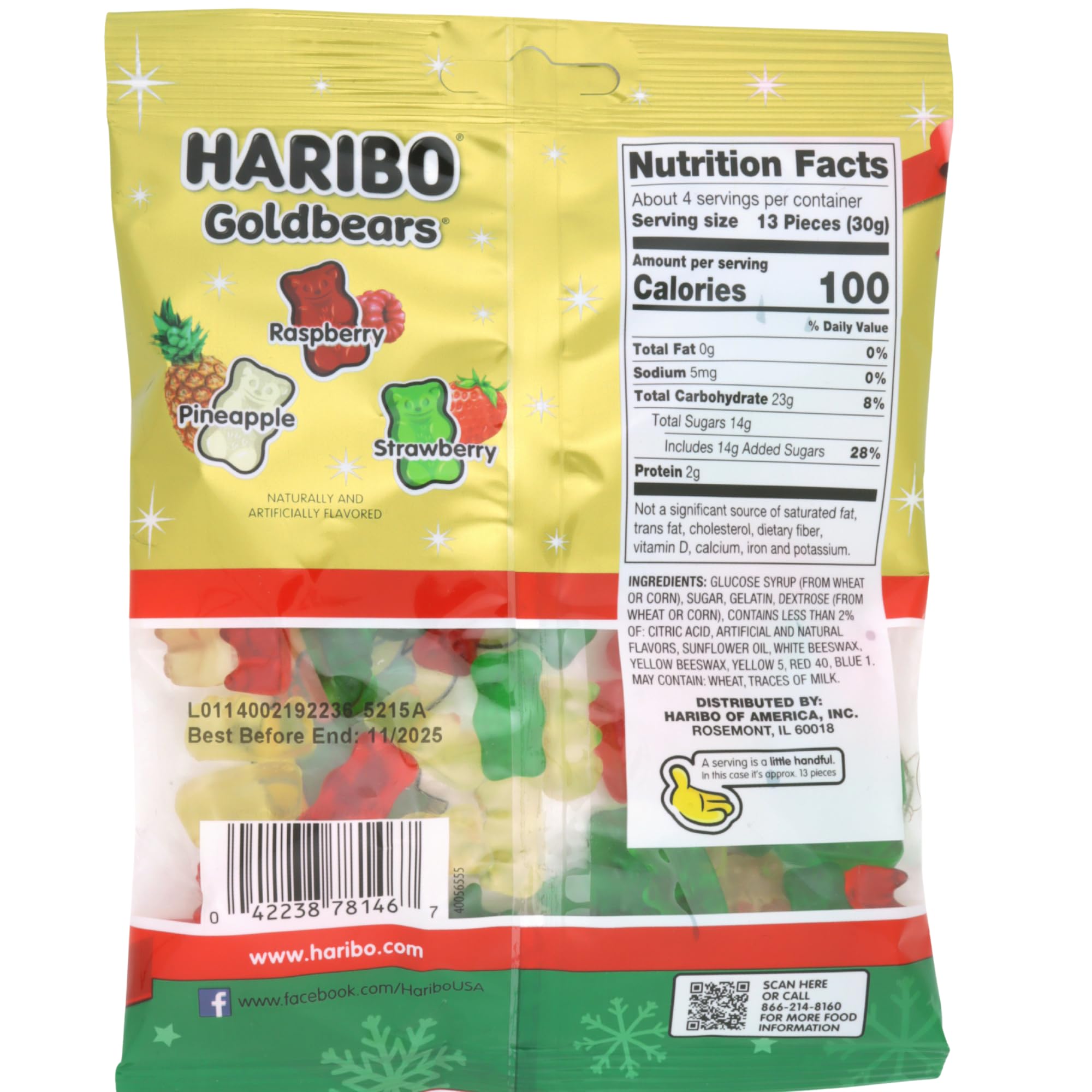 Haribo Christmas Goldbears, Festive Holiday Gummy Bears, Stocking Stuffer Candy Gifts, 4 Ounces (Pack of 3)