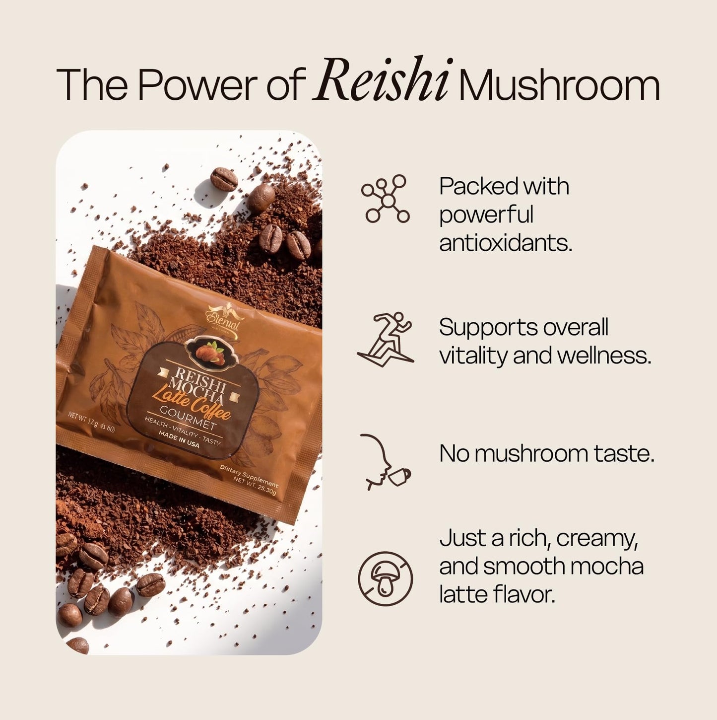 Eternal Spirit Beauty Reishi Mocha Latte - Instant Mushroom Coffee with Cocoa & Reishi Extract - 15 Individual Sachets (24.18g each) - Gourmet