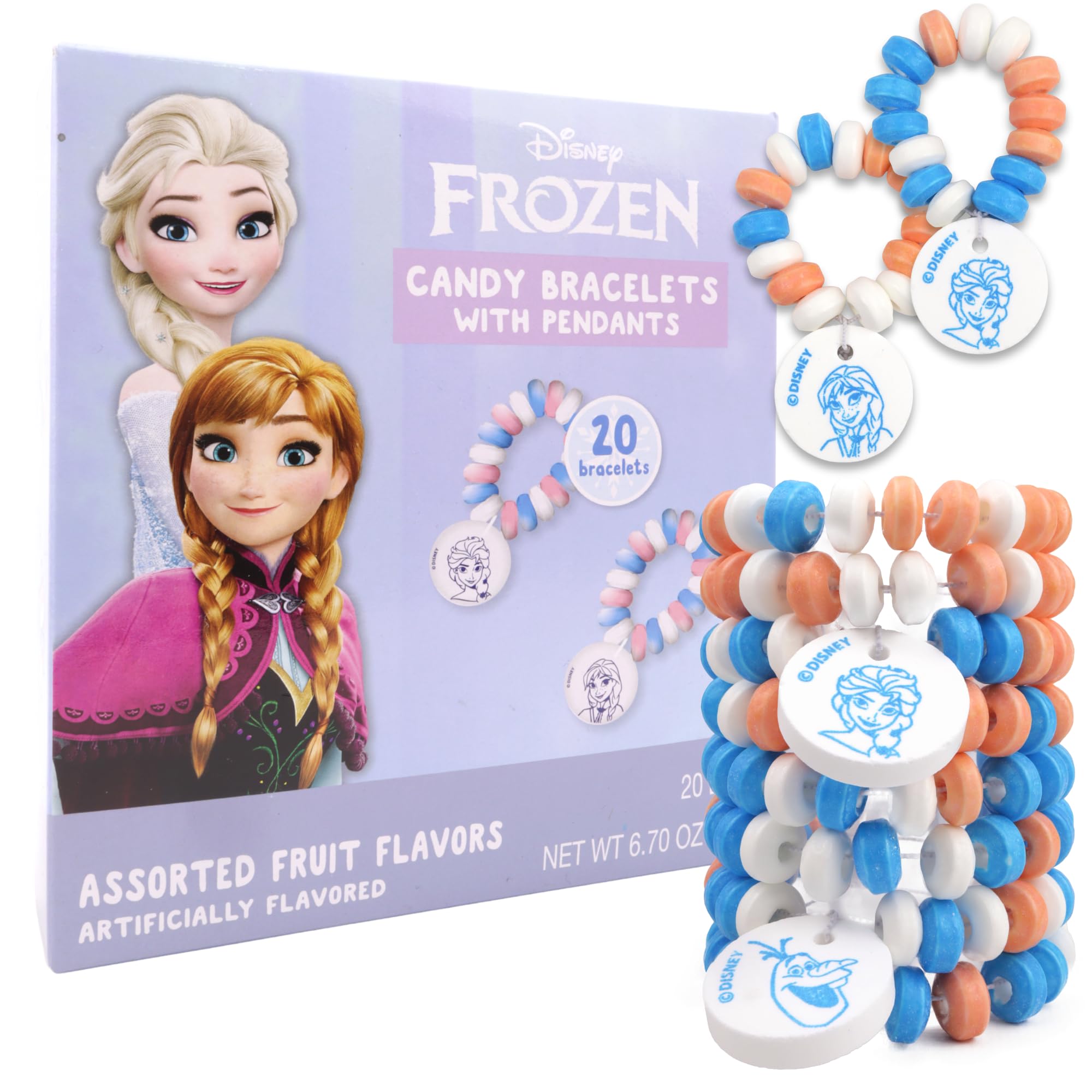 Disney Frozen Candy Bracelets, Edible Jewelry with Character Charms, Individually Wrapped Party Favors, 20 Pieces Inside