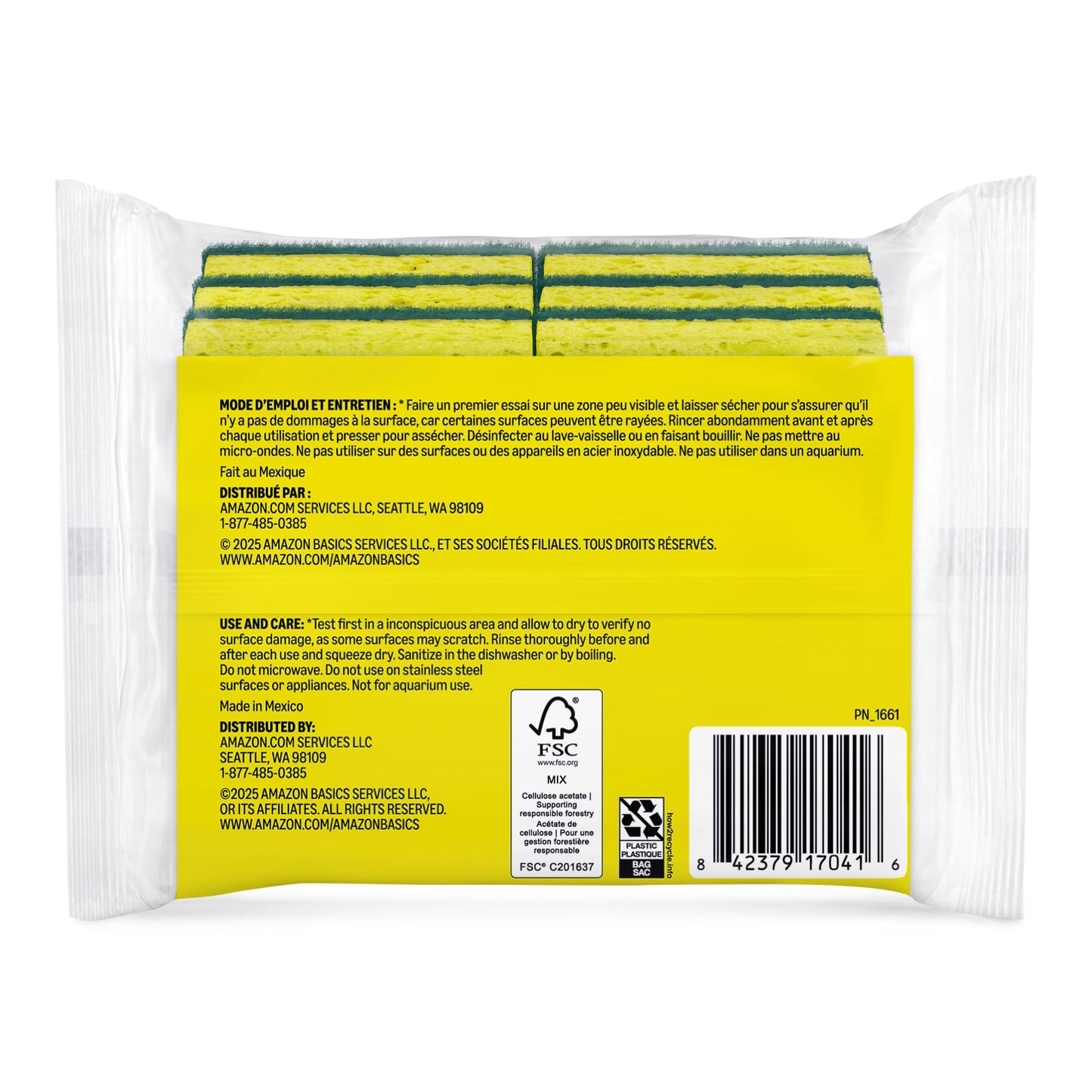 Amazon Basics Heavy Duty Dual-Sided Scrub Sponges, Reusable, 4.4 x 2.7 x 0.8 in, Yellow/Green, 6-Pack
